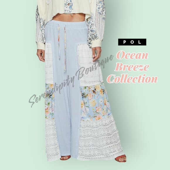 POL Pants - POL Flowy Lace & Double Gauze Floral Patch Palazzo Wide Leg Breezy Pants